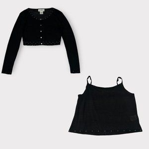 1990s grunge black bolero button up beaded sweater with matching knit cami top
